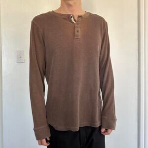 Vintage Y2K Brown Faded Worn Thermal Waffle Knit Henley Button Basic Longsleeve